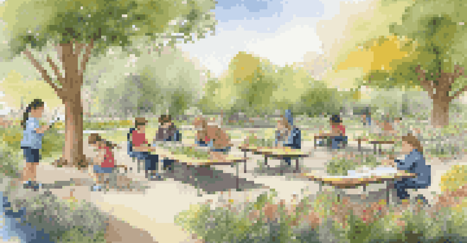 Children of different backgrounds exploring nature in an outdoor classroom, some using magnifying glasses and others sketching in notebooks amidst blooming flowers.