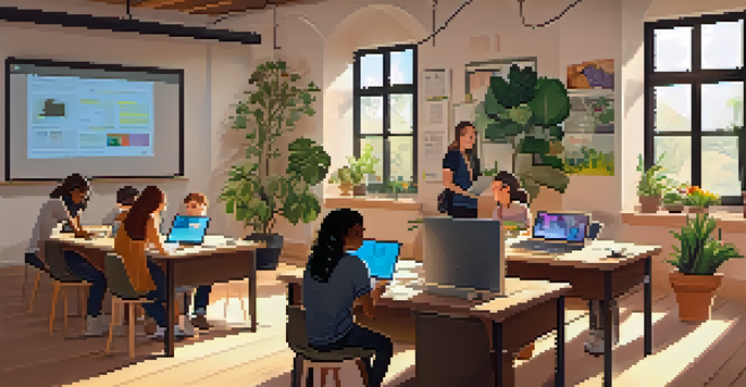 A diverse group of students in a warm and inviting digital learning environment, engaged with laptops and taking notes.