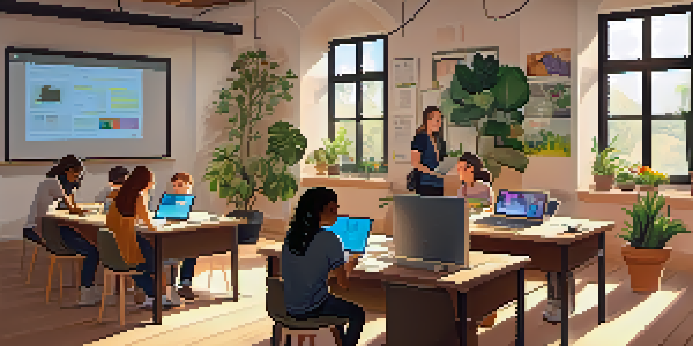 A diverse group of students in a warm and inviting digital learning environment, engaged with laptops and taking notes.