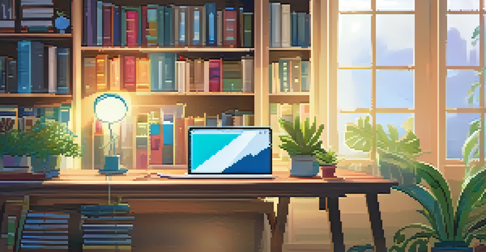 A calm and inviting workspace with a wooden desk, an open laptop, a potted plant, and a coffee cup, surrounded by bookshelves filled with colorful books.