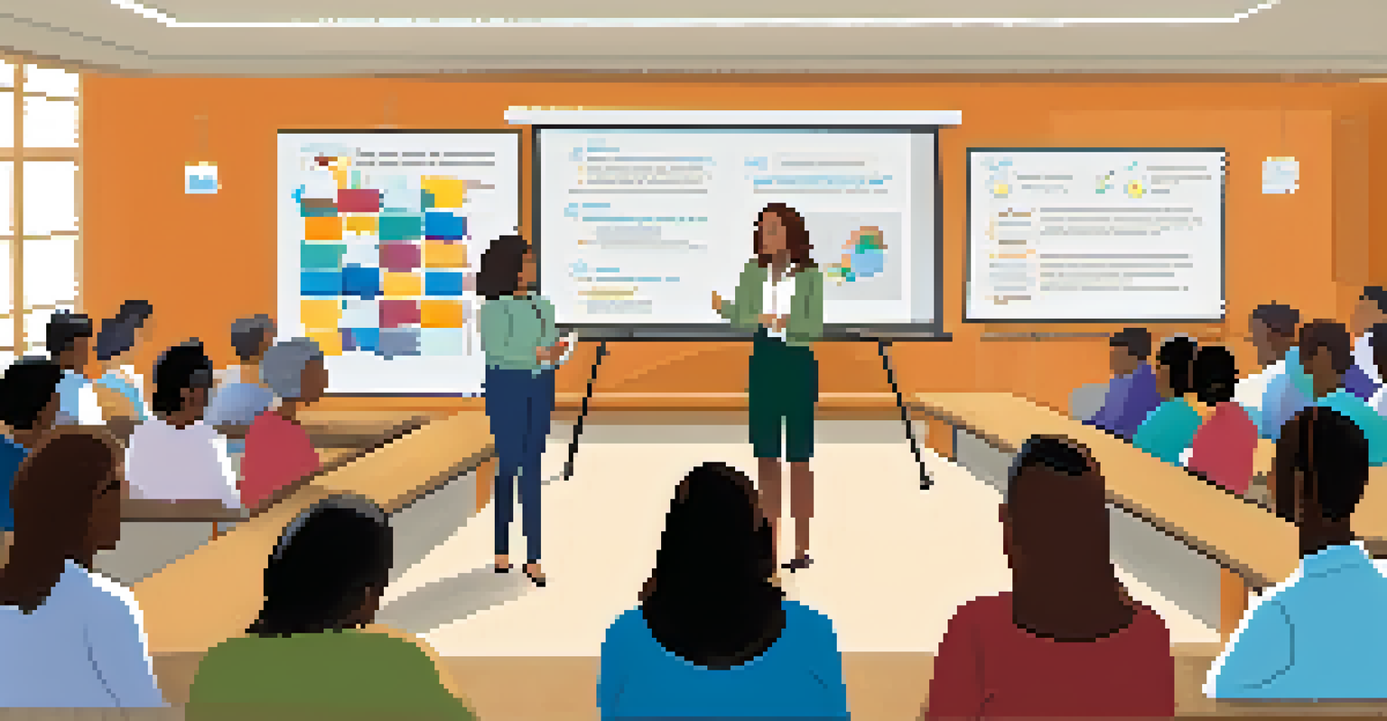 An educator leading a workshop for teachers on technology integration, with a projector displaying ethical guidelines in a seminar room.