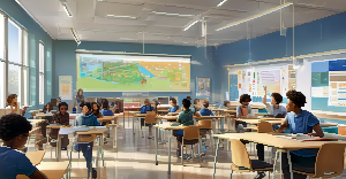 A diverse group of students in a bright classroom using AI tools for learning, with a teacher assisting one student.