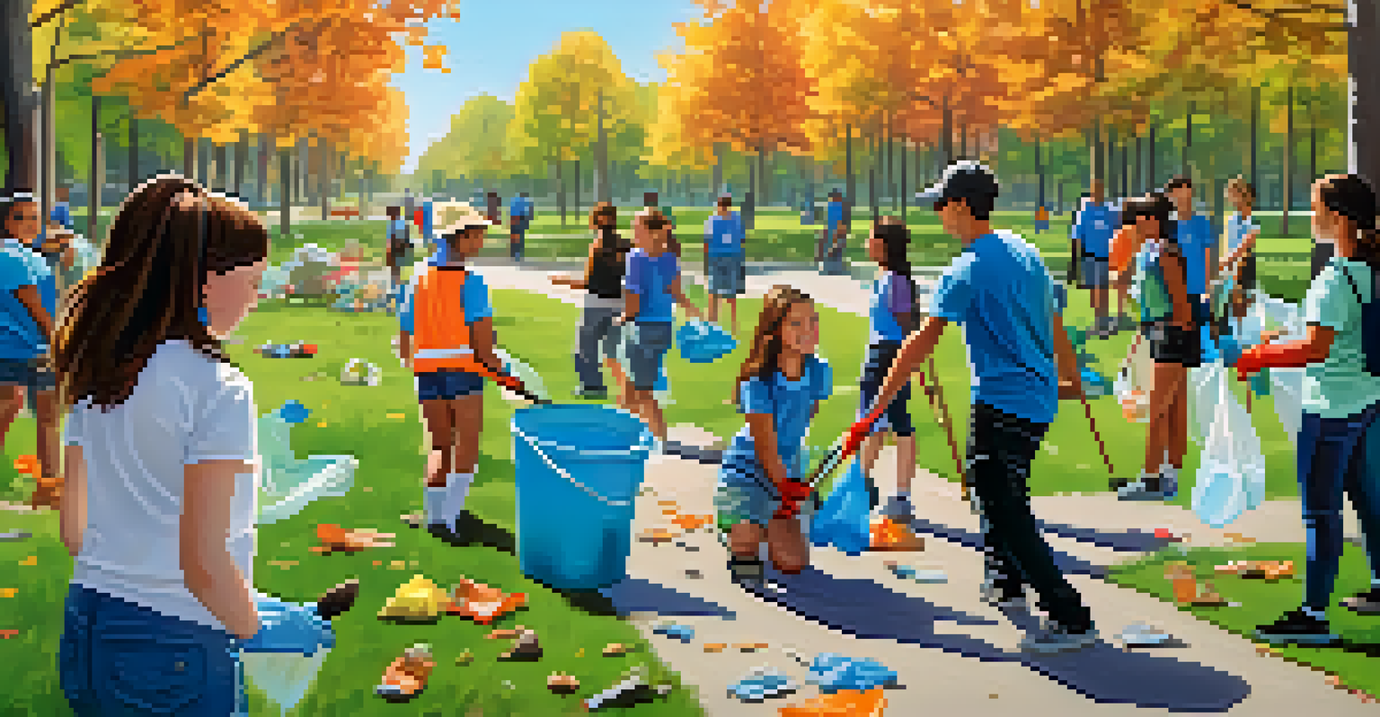 Students and community members participating in a clean-up event in a park, collecting litter together.