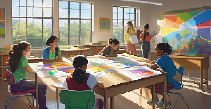 A classroom with diverse students actively participating in inquiry-based learning, one presenting a project on a poster board.