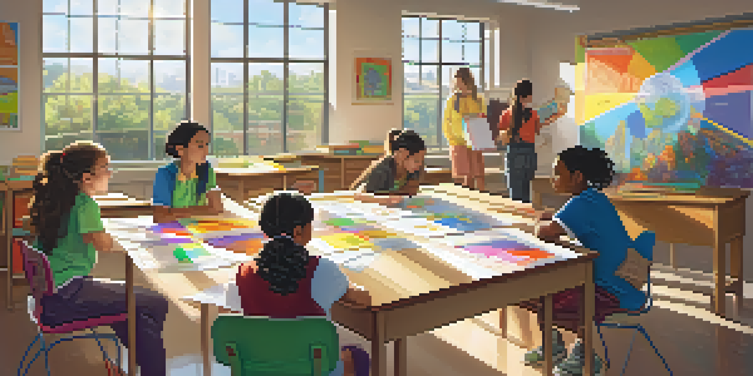 A classroom with diverse students actively participating in inquiry-based learning, one presenting a project on a poster board.
