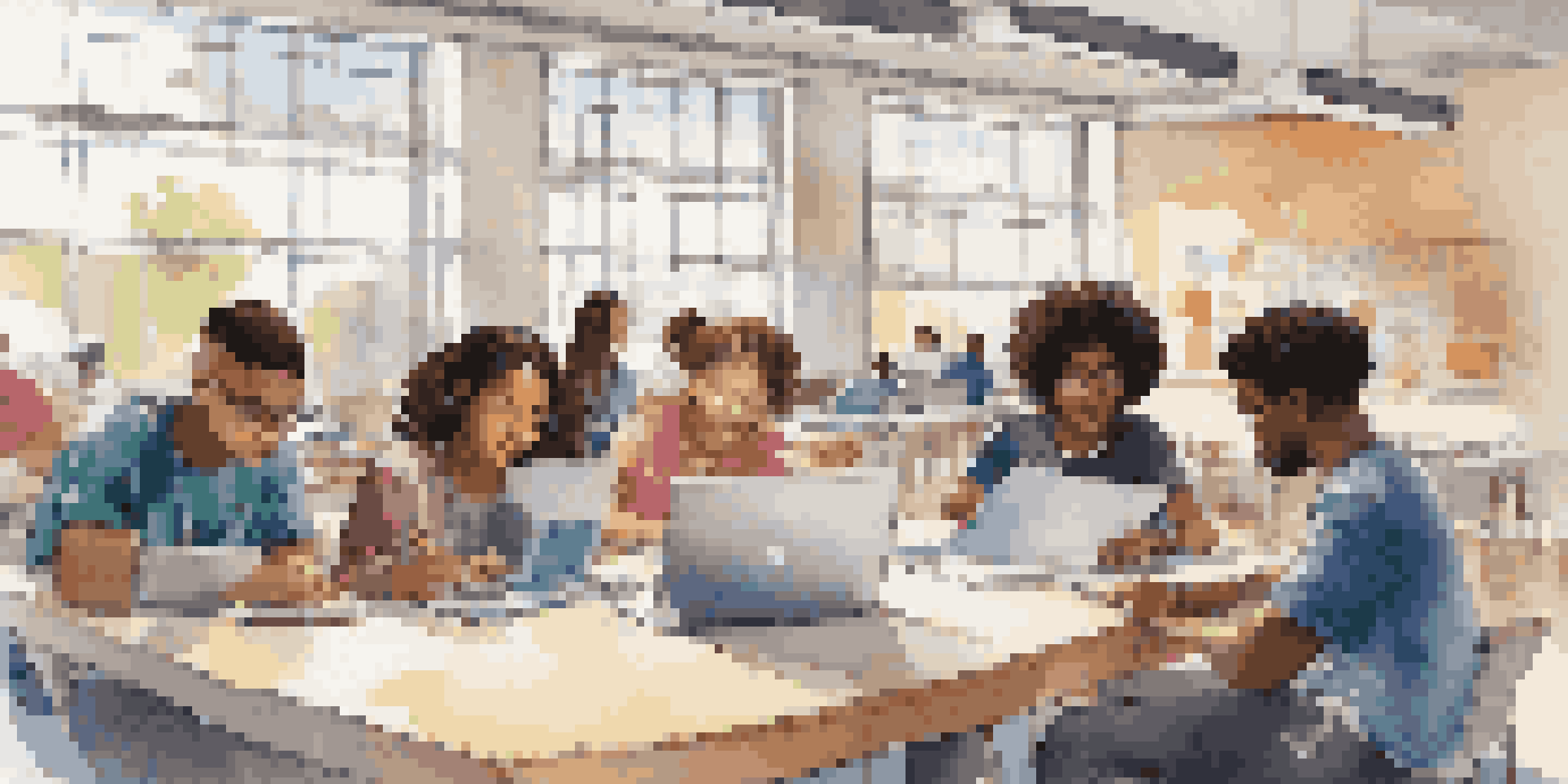 A diverse group of students of different ethnicities working together on a project in a modern classroom, surrounded by technology and bright natural light.