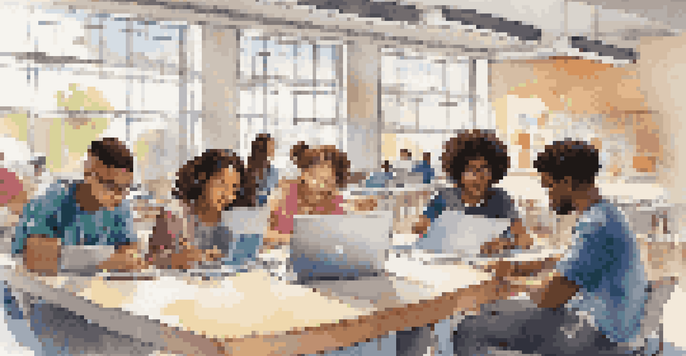 A diverse group of students of different ethnicities working together on a project in a modern classroom, surrounded by technology and bright natural light.