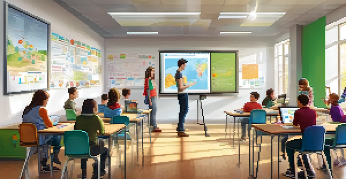 A vibrant classroom where diverse students are engaged in mobile learning using tablets and smartphones, with educational materials and bright natural light.