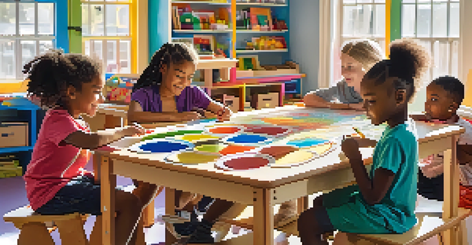 A diverse group of children collaborating at a colorful learning table in a bright classroom, surrounded by educational materials and sunlight.