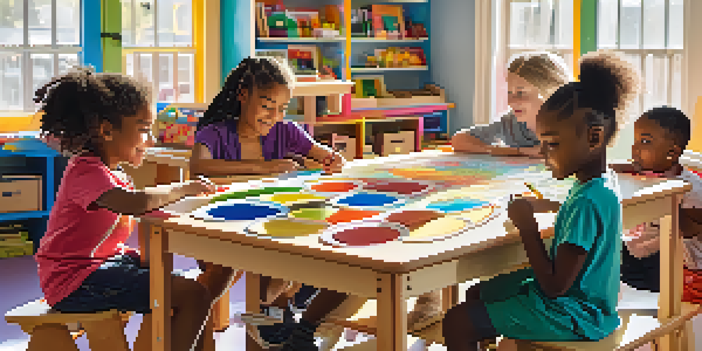 A diverse group of children collaborating at a colorful learning table in a bright classroom, surrounded by educational materials and sunlight.