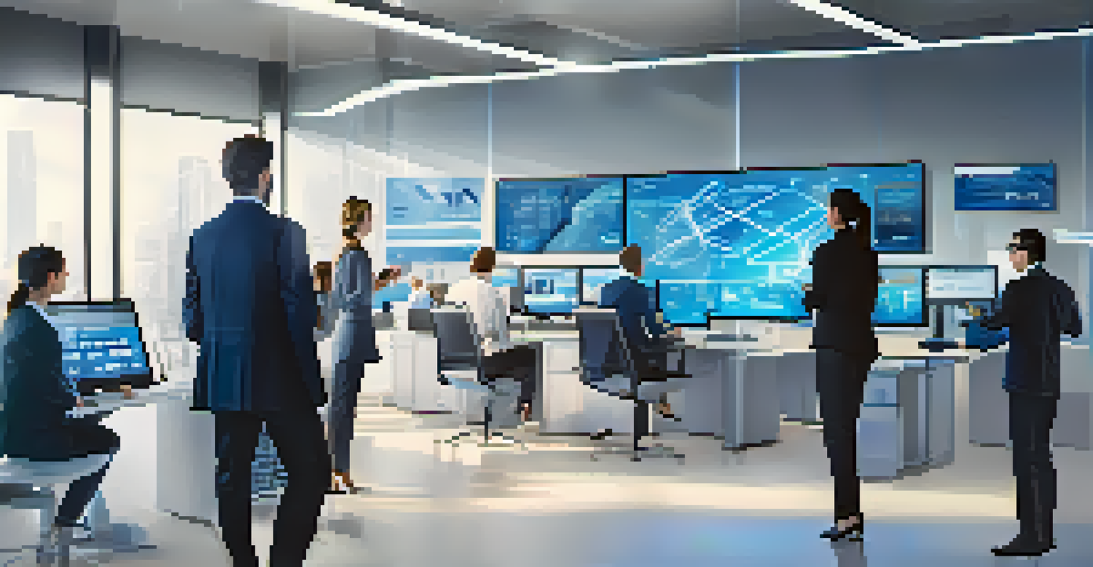 A modern office with professionals analyzing feedback data on a digital screen, showcasing technology in professional development.