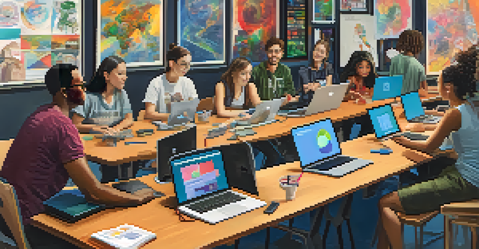 Diverse students collaborating on a creative transmedia project at a table filled with laptops and art supplies.