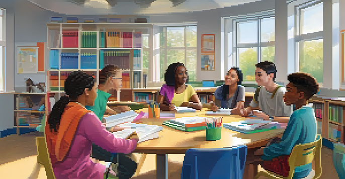 A diverse group of students studying together at a round table in a bright classroom filled with educational materials and natural light.
