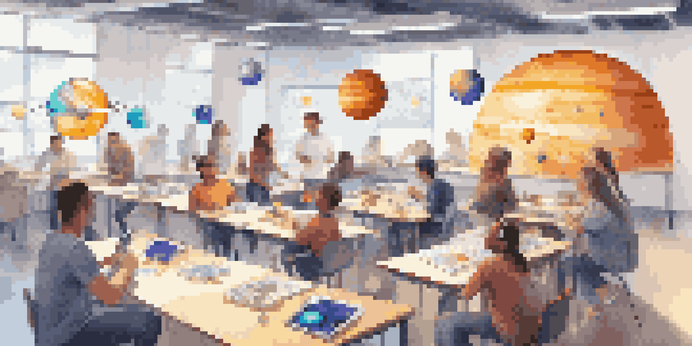 A classroom filled with students collaborating over augmented reality models of the solar system, showcasing their engagement and interaction.