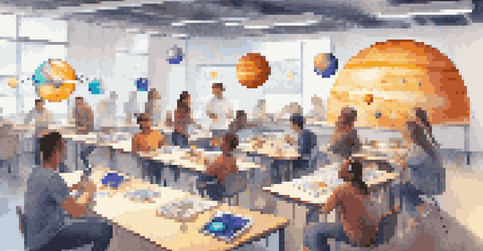A classroom filled with students collaborating over augmented reality models of the solar system, showcasing their engagement and interaction.