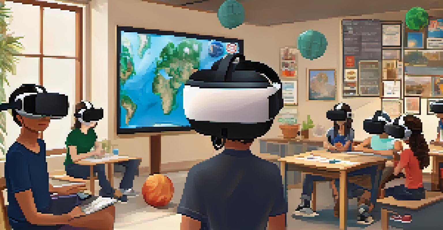 Students in a virtual reality classroom, wearing VR headsets and exploring different cultures, with cultural artifacts around them.