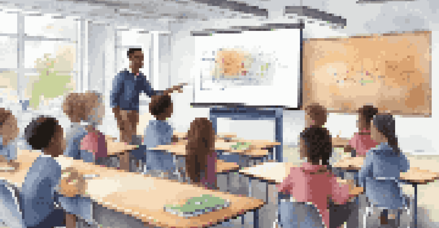 An educator guiding students in a modern classroom with technology, featuring interactive content on a smart board and students using tablets.