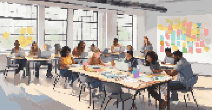 A diverse group of students working together at a table, using laptops and digital tools in a bright classroom.