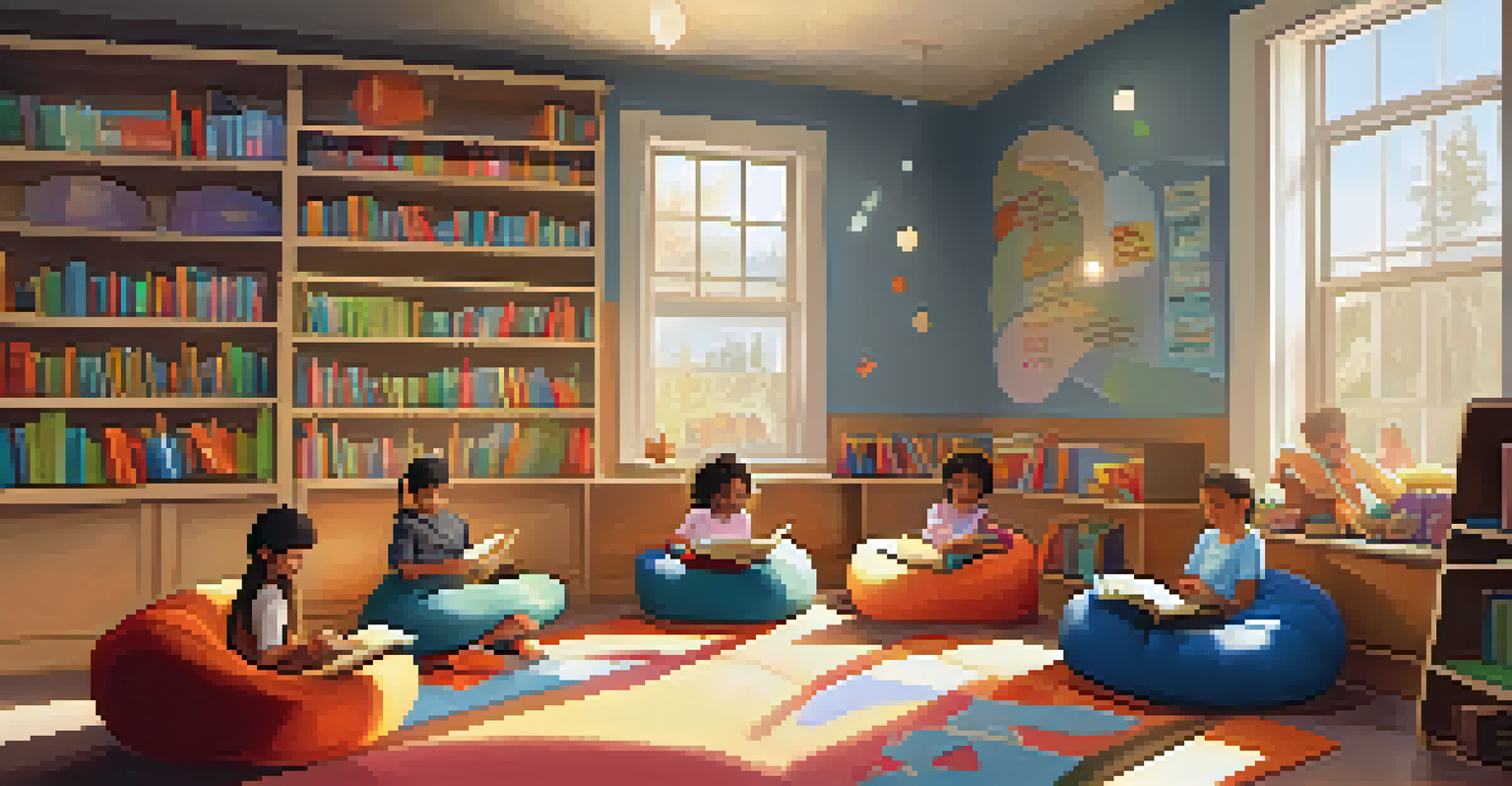 A cozy reading corner in a classroom with children sitting on bean bags, reading and sharing stories together.