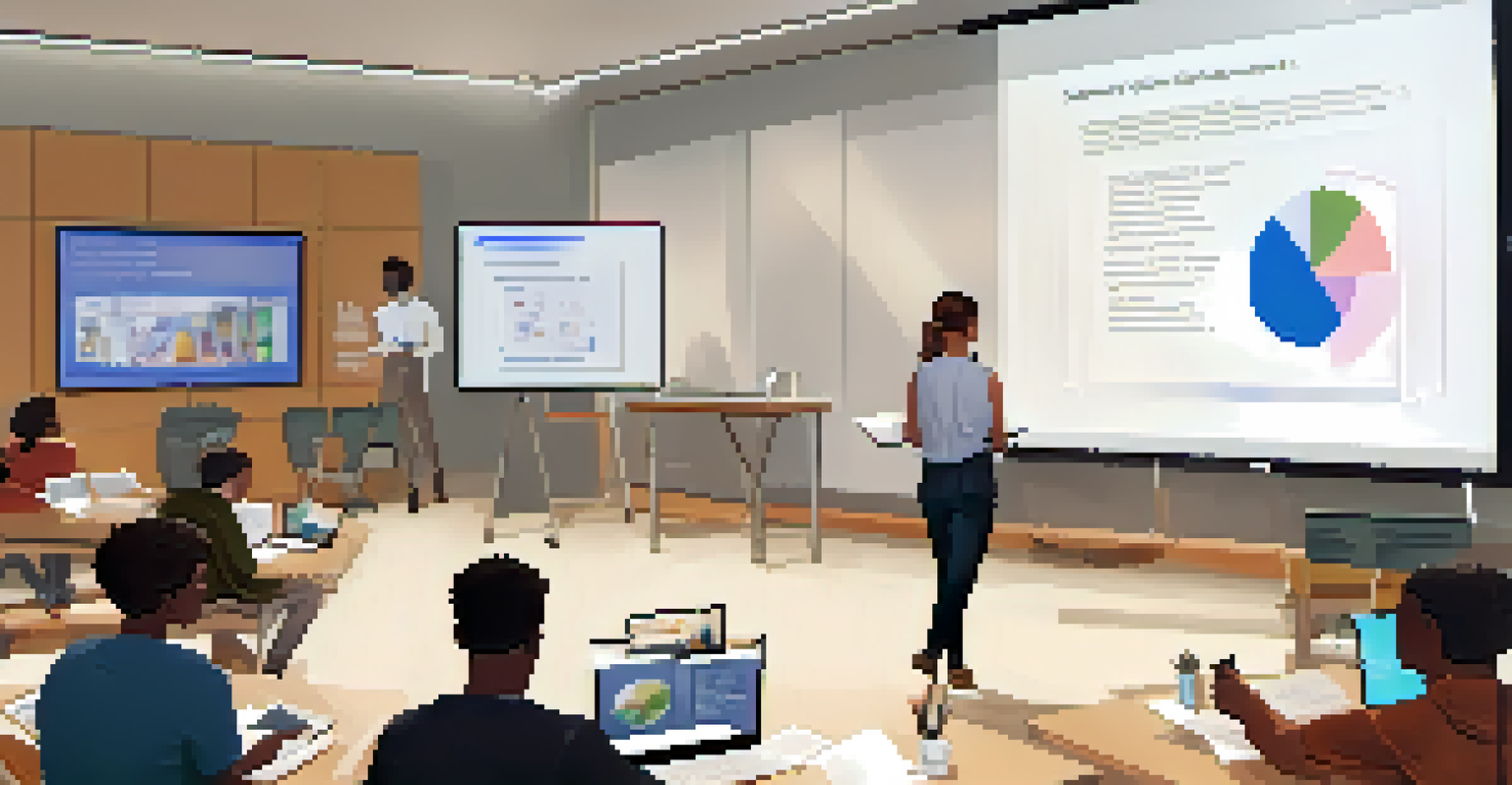 A student presenting a digital portfolio in a modern classroom, with peers engaged and taking notes.