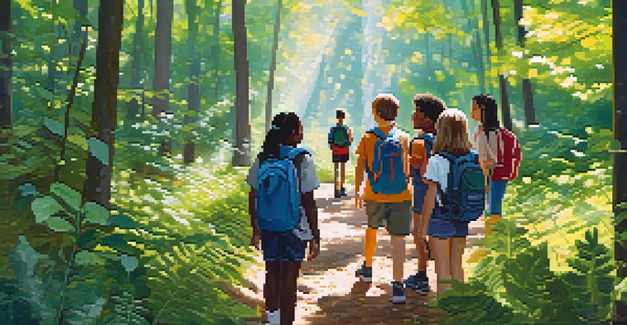 A group of diverse students walking through a vibrant forest, engaged in nature exploration under a sunny sky.