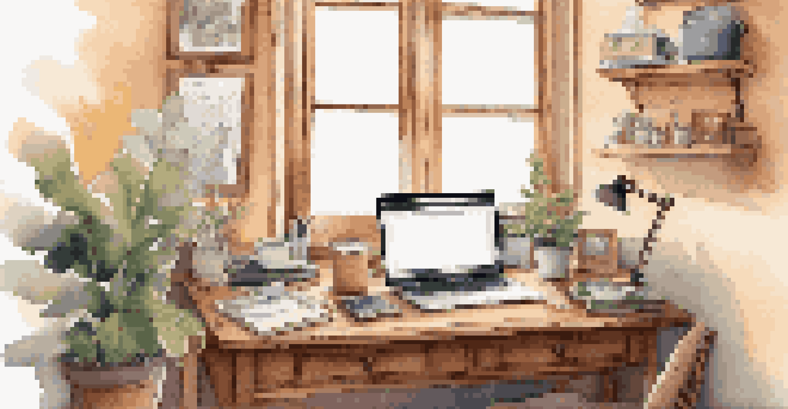 A cozy workspace with a wooden desk, art supplies, a laptop, and a cup of coffee, illuminated by warm light.