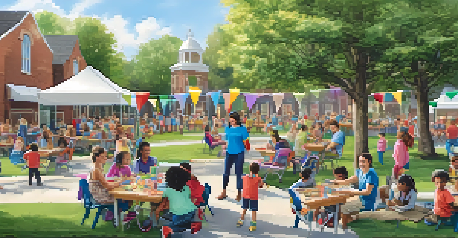 A lively outdoor school event with families engaging in educational activities, surrounded by decorations and greenery, showcasing a sense of community.