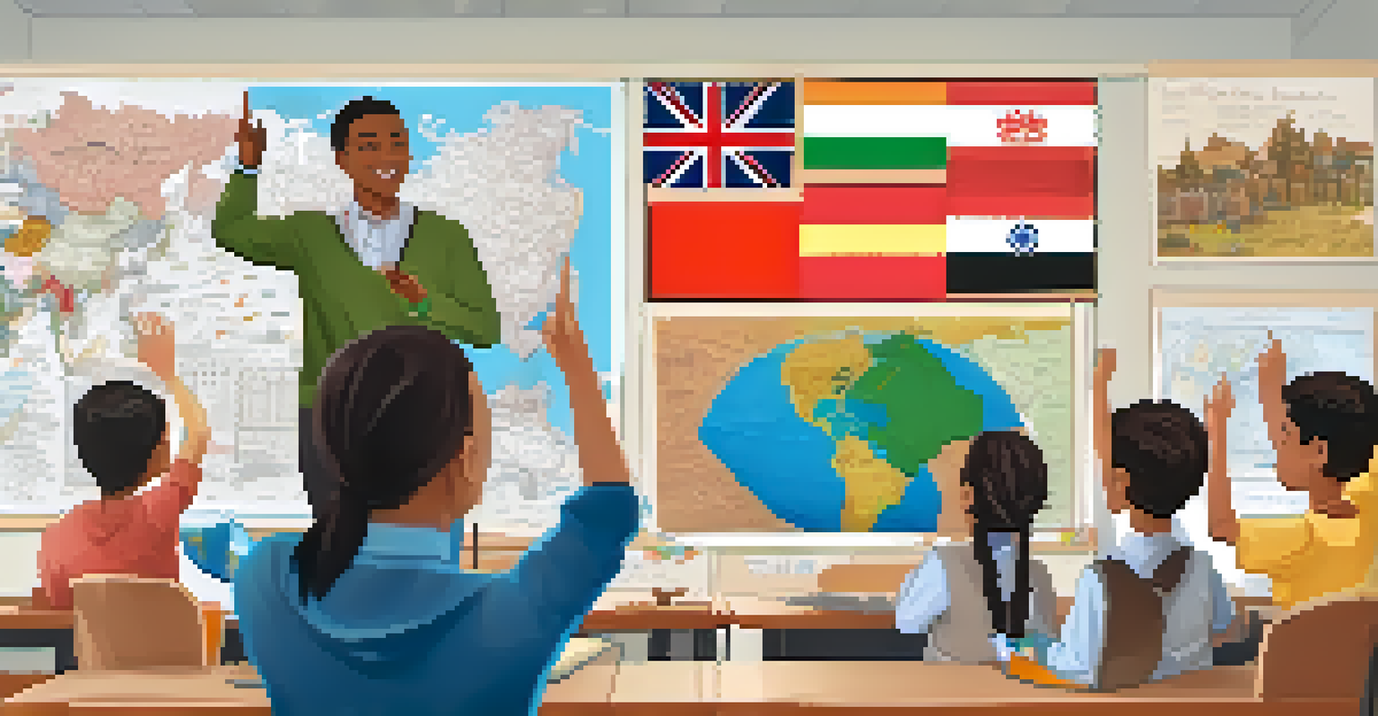 A teacher engaging with students about cultural diversity in a lively classroom decorated with international flags and cultural artifacts.