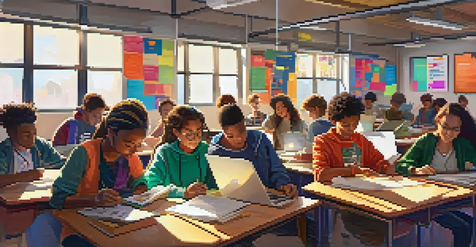 A digital classroom with students of various backgrounds working on laptops, collaborating on their e-portfolios, with sunlight illuminating the room.