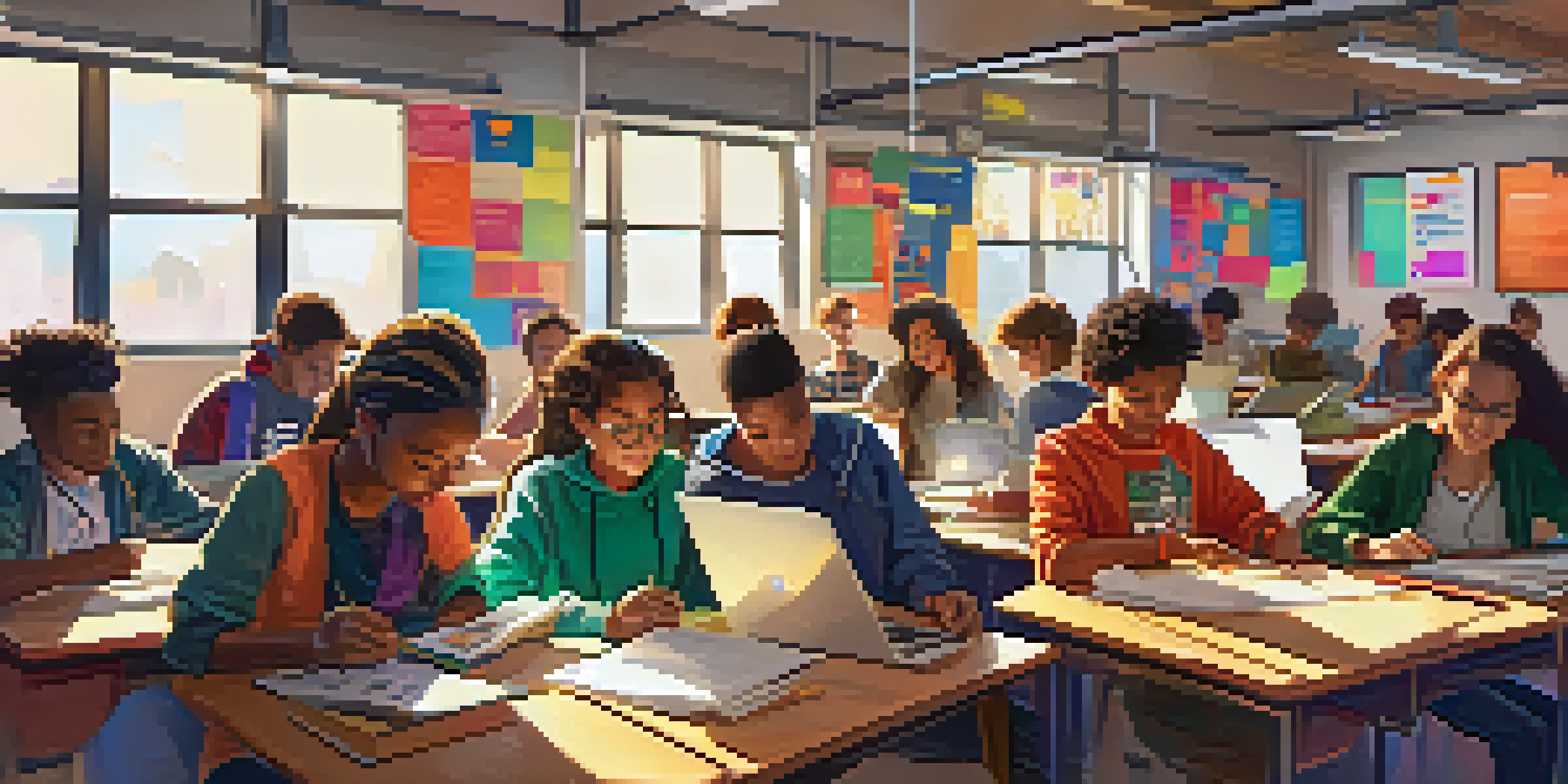 A digital classroom with students of various backgrounds working on laptops, collaborating on their e-portfolios, with sunlight illuminating the room.