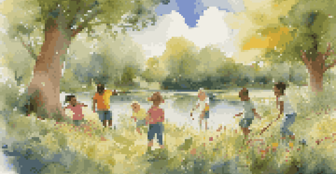 Children playing in a green park, building a fort with sticks and leaves, surrounded by trees and flowers.