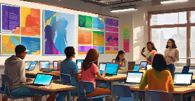 Students in a bright classroom working together on a social media project, using laptops and tablets.