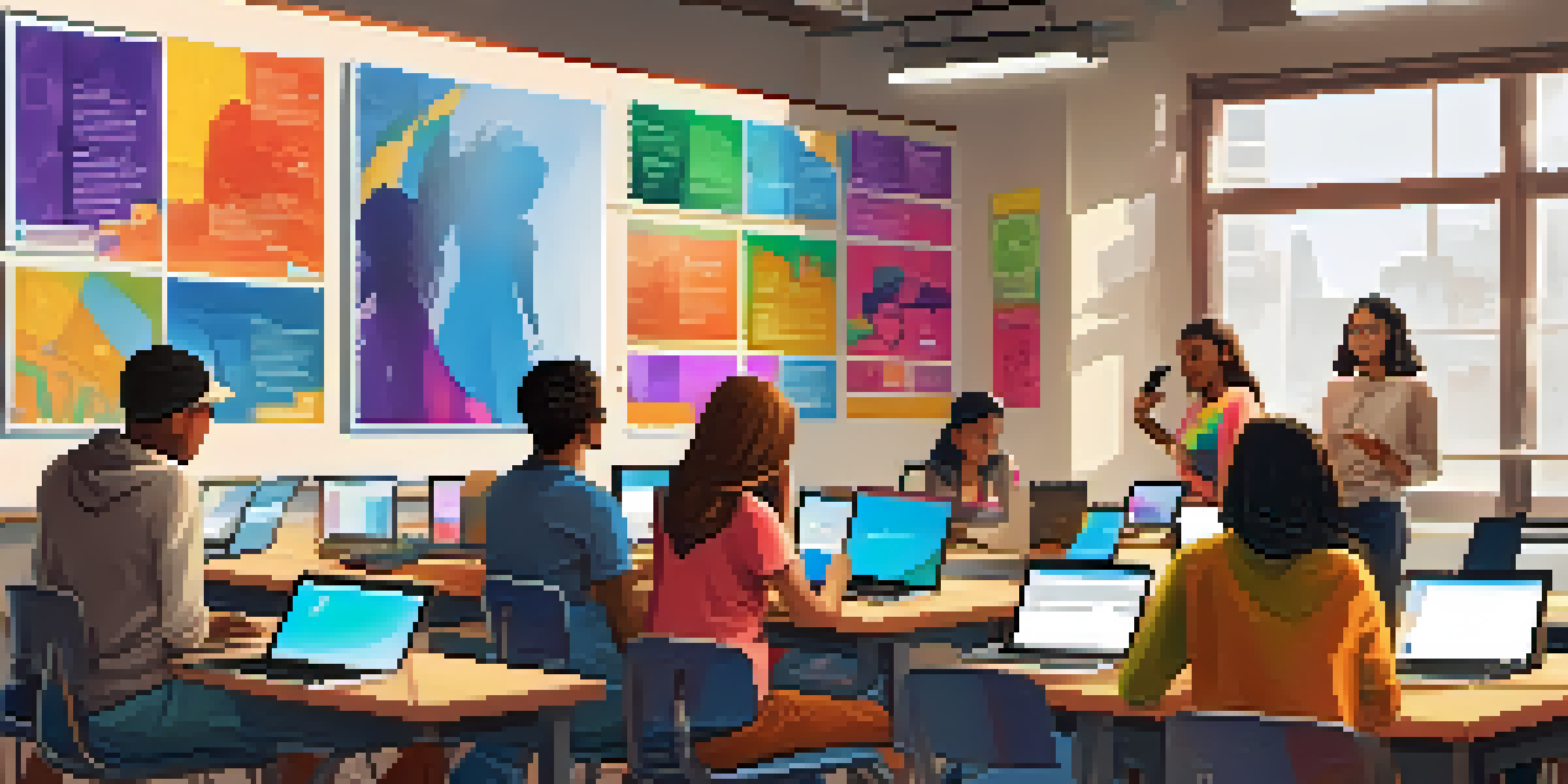 Students in a bright classroom working together on a social media project, using laptops and tablets.