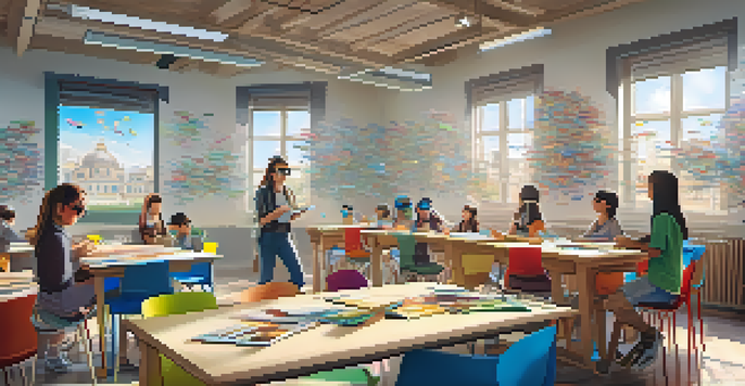 A classroom filled with students wearing augmented reality glasses, interacting with colorful 3D models of a historical city.