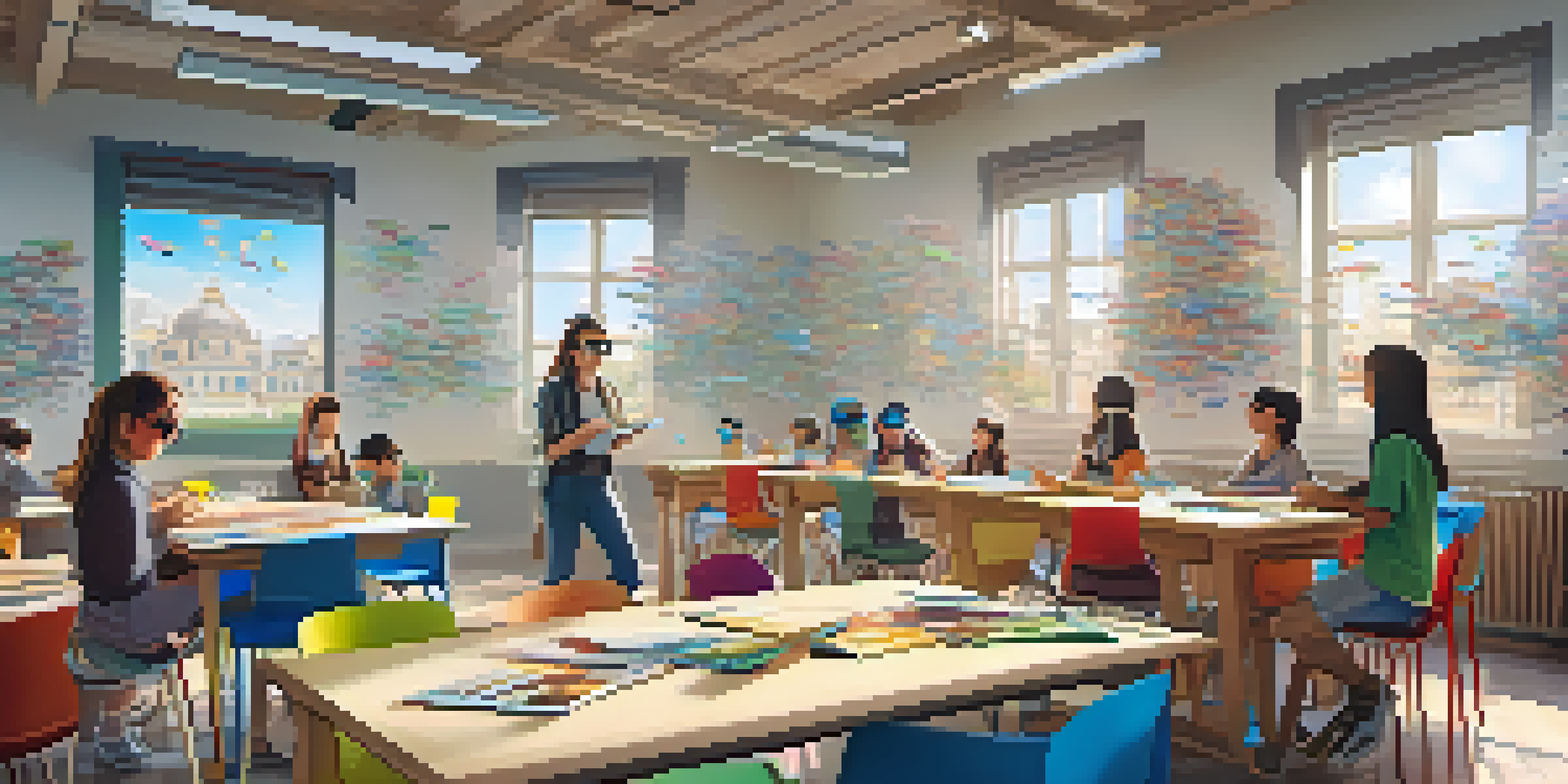 A classroom filled with students wearing augmented reality glasses, interacting with colorful 3D models of a historical city.