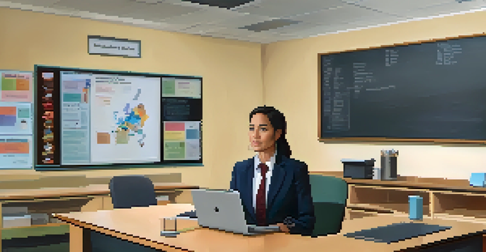 A school administrator conducting a video meeting during a crisis, showing a laptop with participants on screen and a focused expression.