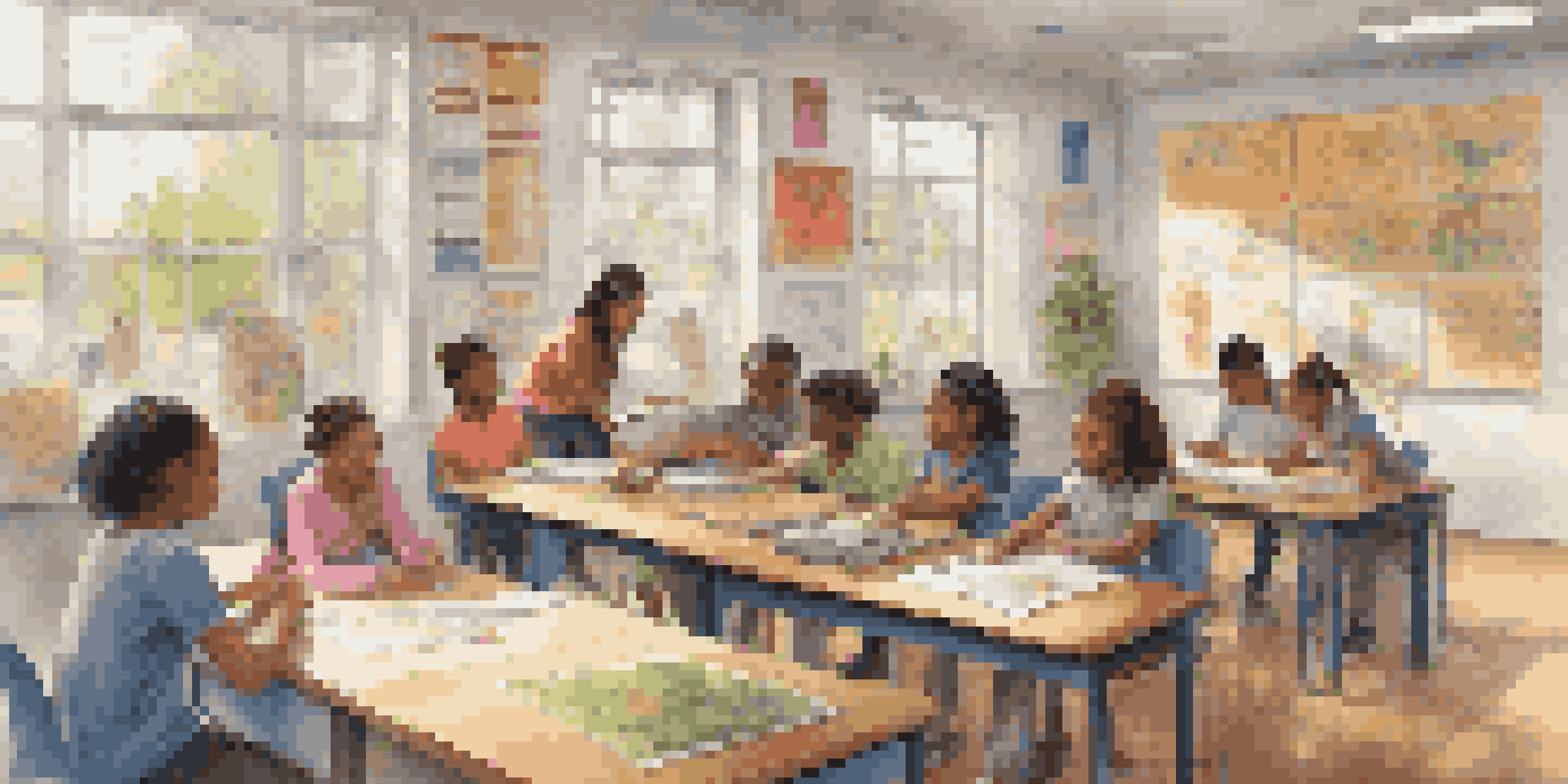 A lively classroom filled with students of different ages and backgrounds working together and individually, with bright light and colorful decor creating an inviting environment.