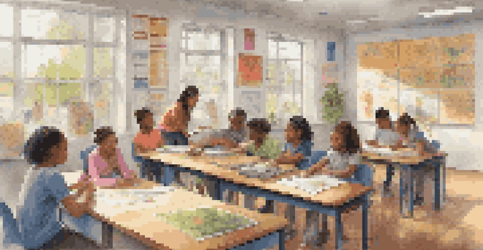A lively classroom filled with students of different ages and backgrounds working together and individually, with bright light and colorful decor creating an inviting environment.