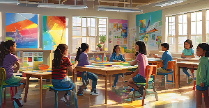 A vibrant classroom scene with children working together on an art project, surrounded by colorful decorations and natural light.