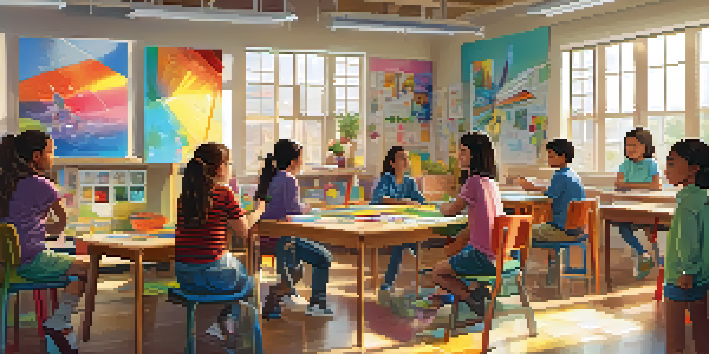 A vibrant classroom scene with children working together on an art project, surrounded by colorful decorations and natural light.