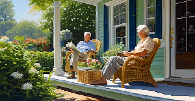 An elderly couple sitting on a sunlit porch with wicker furniture, enjoying tea and reading books, surrounded by greenery.