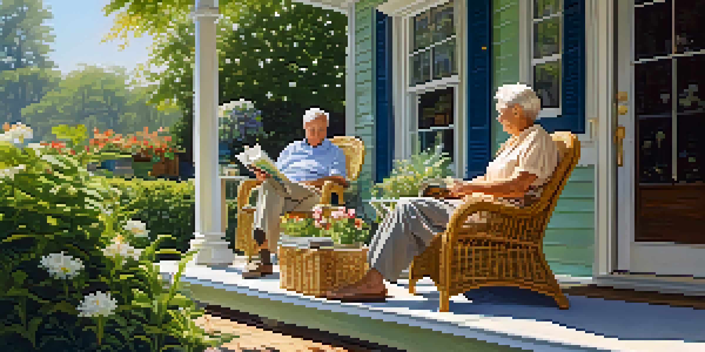 An elderly couple sitting on a sunlit porch with wicker furniture, enjoying tea and reading books, surrounded by greenery.
