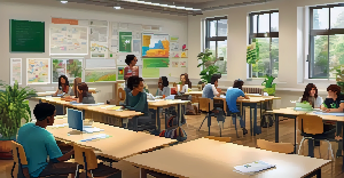 A bright and welcoming classroom where diverse students are collaborating and discussing together. Desks are arranged in a U-shape, with educational materials on the walls.