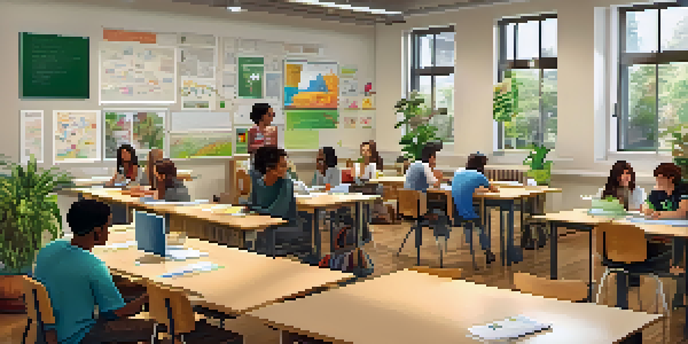 A bright and welcoming classroom where diverse students are collaborating and discussing together. Desks are arranged in a U-shape, with educational materials on the walls.