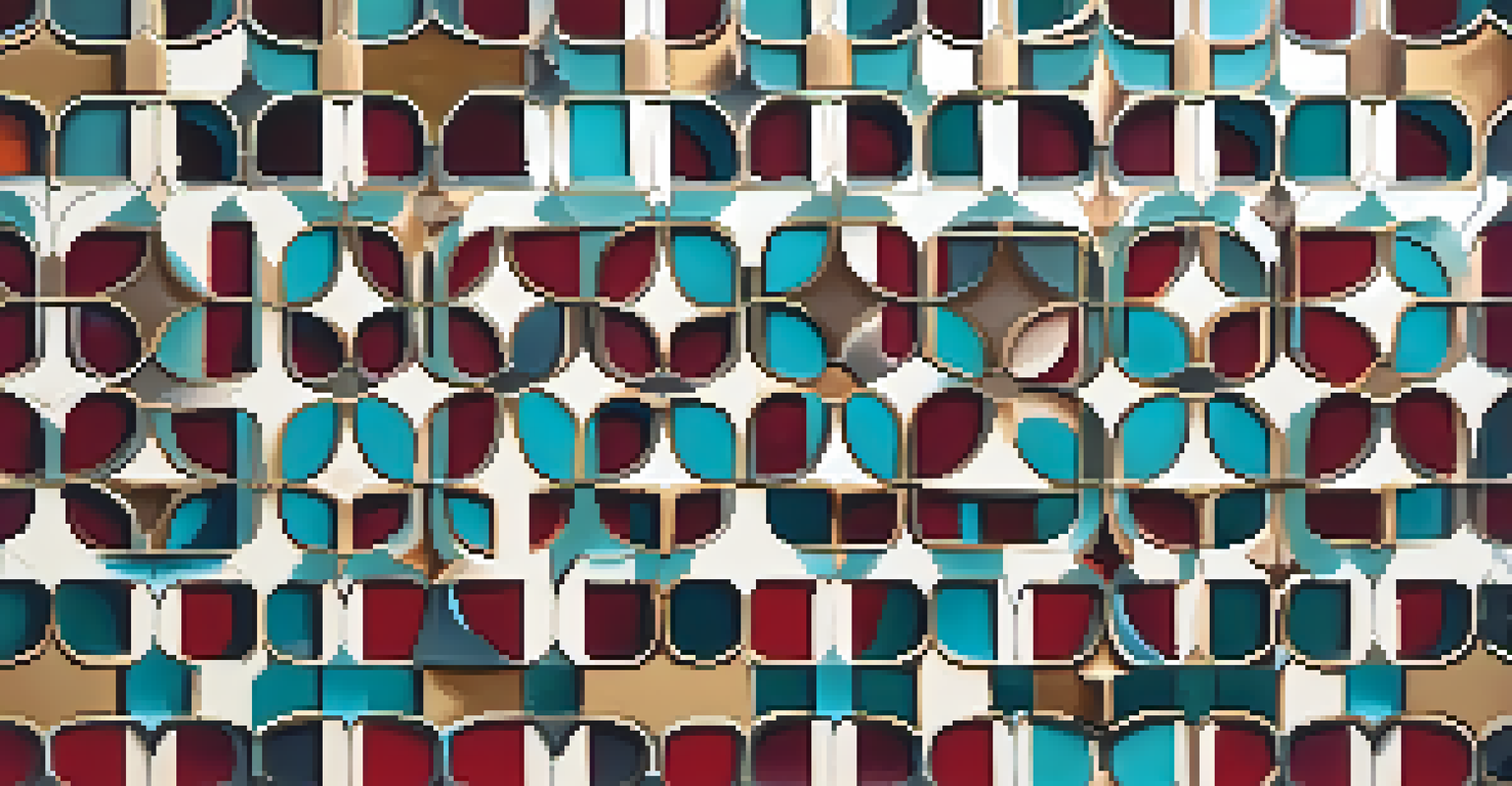 A geometric tessellation inspired by Islamic mosaics with interlocking shapes in red, gold, and turquoise on a cream background.