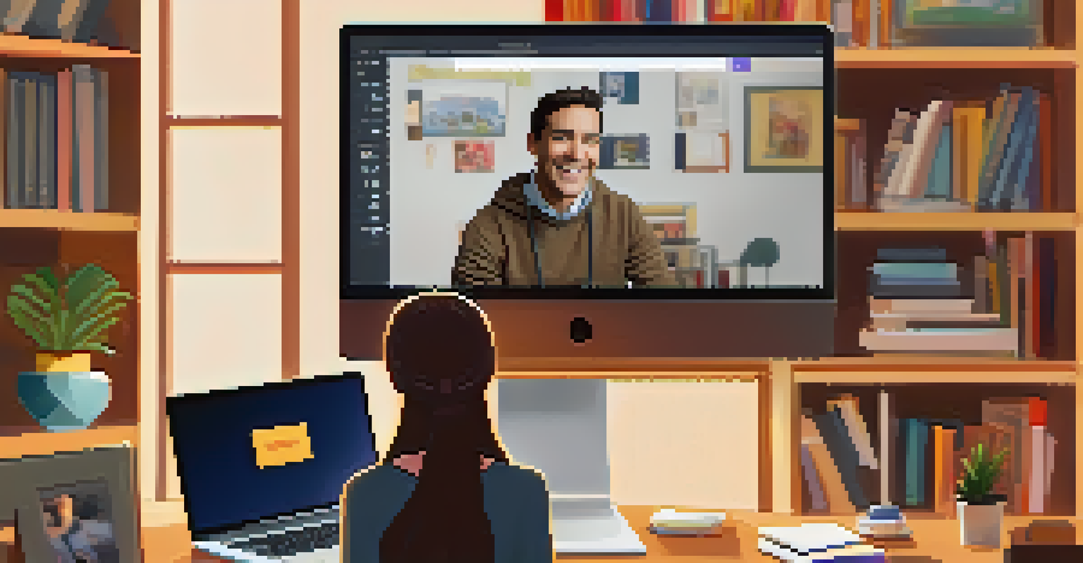 An educator conducting a live Q&A session with students on a laptop in a cozy home office.