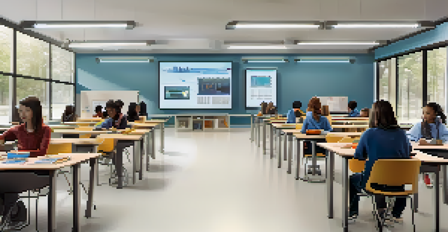 A modern classroom with students using technology to learn at their own pace, featuring interactive whiteboards and a collaborative atmosphere.