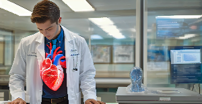 A medical student in a lab coat interacts with a holographic 3D model of the human heart in a classroom setting, surrounded by anatomy posters.