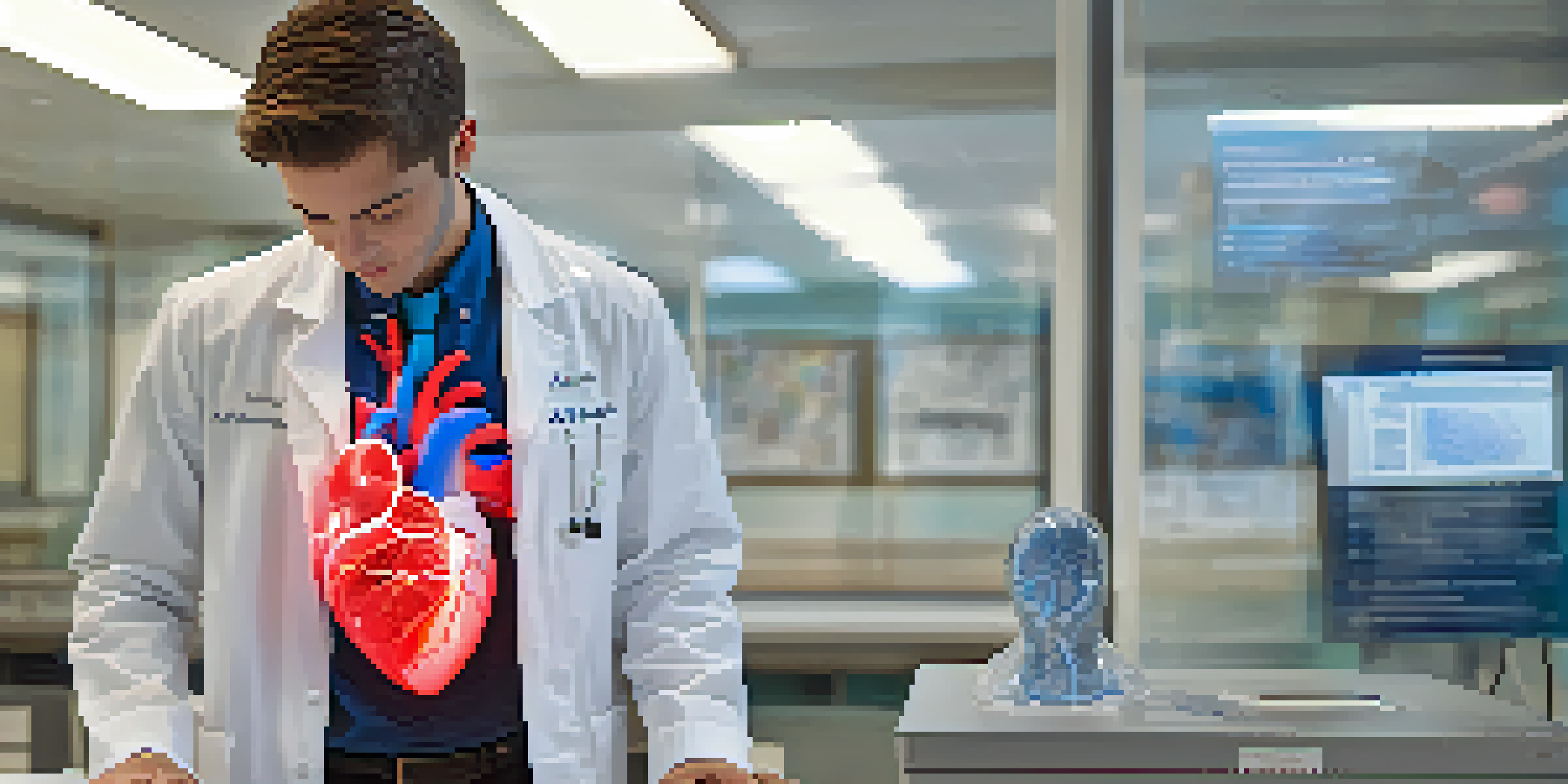 A medical student in a lab coat interacts with a holographic 3D model of the human heart in a classroom setting, surrounded by anatomy posters.