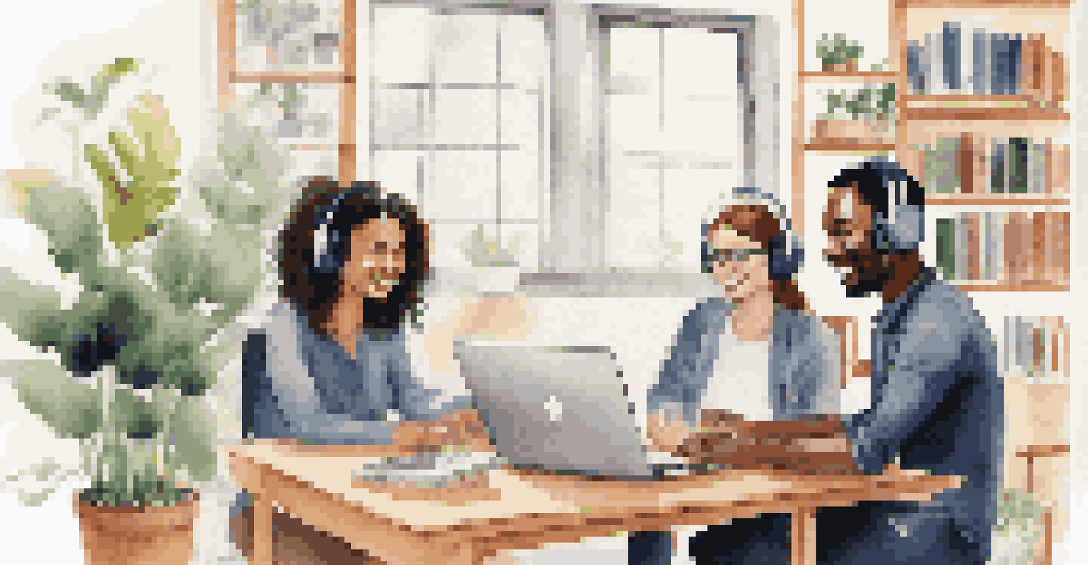 A woman on a laptop participating in a language exchange online with a smiling man on the screen.